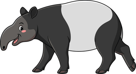 Cartoon Malayan tapir smiling and walking, perfect for children’s books, wildlife education, jungle themes, vector animal illustration