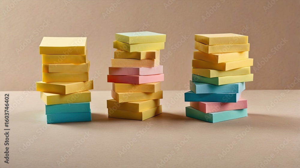 Poster stacks of colorful sticky notes arranged on a surface against a neutral colored background in studio