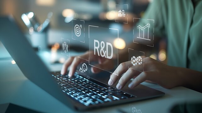 Person typing on laptop with R& D icons and data visualization