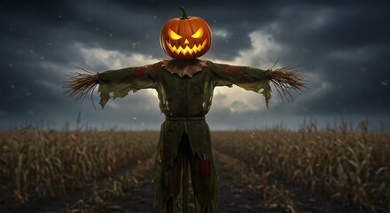 Spooky Cartoon Scarecrow with Glowing Pumpkin Head Standing in a Dark Cornfield at Night, Perfect for Halloween Decorations and Autumn Celebrations