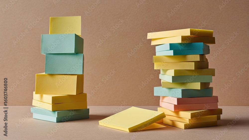 Poster a minimalist composition of two stacks of colorful sticky notes on a beige surface and background