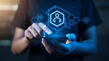 Person using smartphone with glowing blue digital network interface