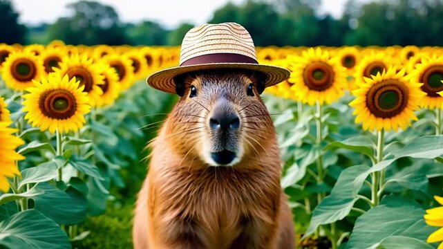 Capybara wearing a straw hat poses happily in a vibrant sunflower field, surrounded by blooming yellow petals under the sunny sky