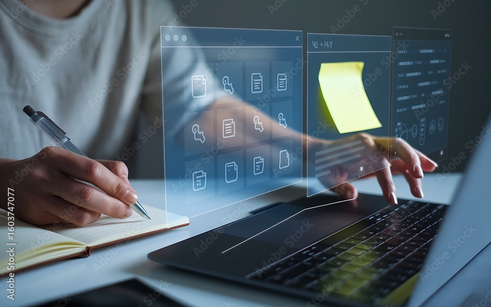 Poster person writing in notebook and typing on laptop with digital interface