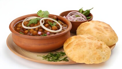 Delicious indian chickpea curry served with fried bread and onion salad