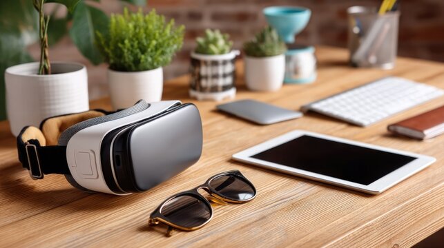 Modern workspace with VR headset and tech gadgets on a wooden desk.
