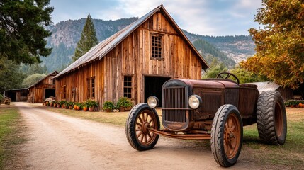 Fototapeta premium Old rustic barn with vintage tractor in a scenic countryside setting.
