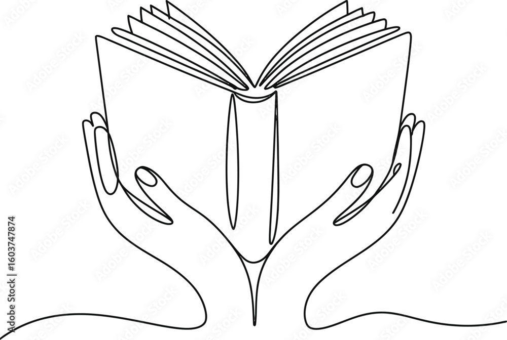 Poster open book held by hands in continuous line drawing style