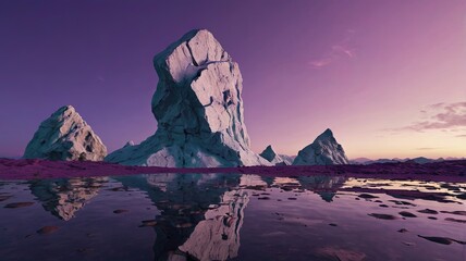 Ice formations reflecting in water under a purple sky landscape with rocky ground and mountains