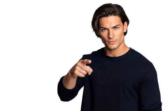 Intense man pointing directly at the viewer, displaying a serious or accusatory expression against a transparent background