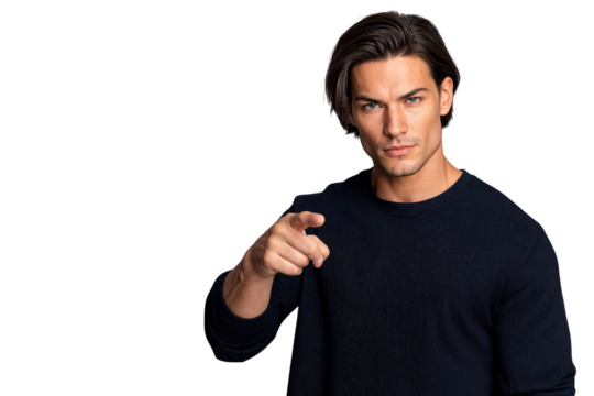 Intense man pointing directly at the viewer, displaying a serious or accusatory expression against a transparent background