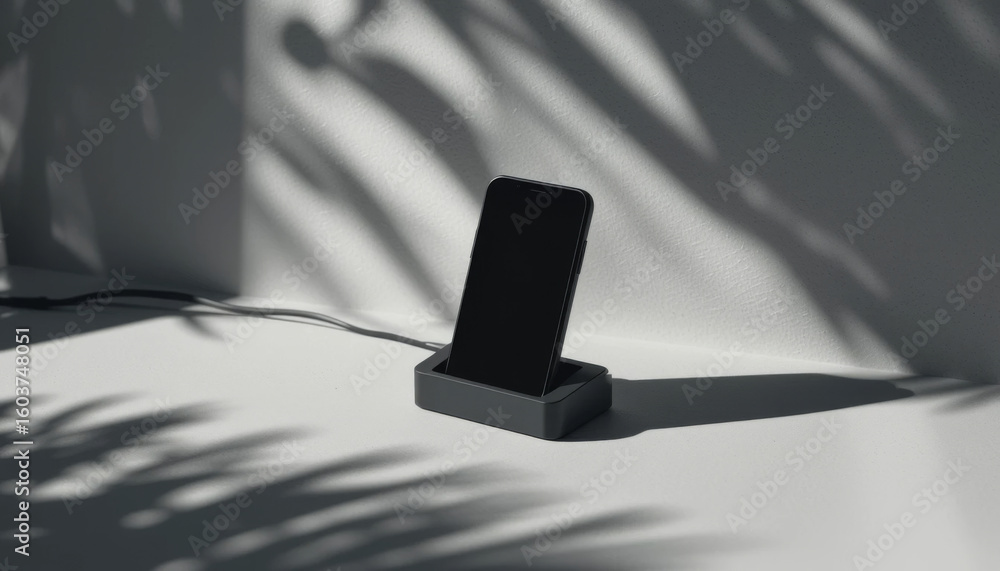 Poster modern smartphone charging on sleek stand with shadows creating an artistic effect in well-lit setti