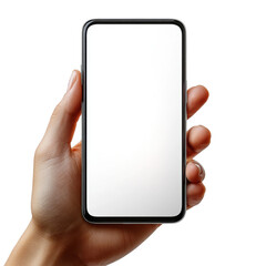 Close up of a human hand holding a modern smartphone with a blank screen isolated on transparent background