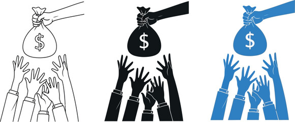Three variations of a money bag being held over hands reaching up in monochrome and blue color schemes