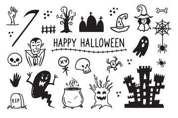 Halloween doodles black and white drawing set. Happy halloween doodle elements Design for prints, decoration of postcards and posters, stickers, sublimation