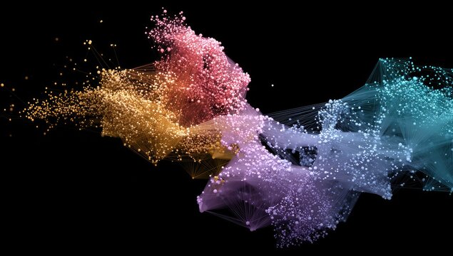 Abstract digital network, multicolored particles connected by lines against black background