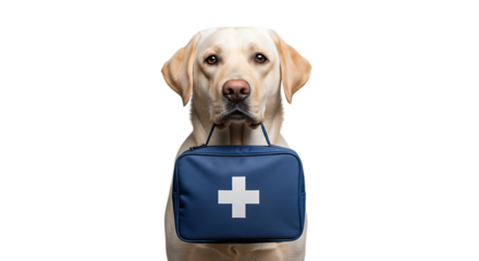 A yellow labrador dog holds a blue first aid bag in its mouth isolated on transparent background
