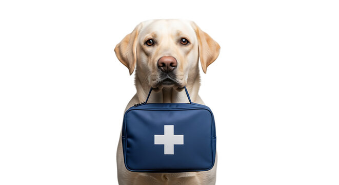 A yellow labrador dog holds a blue first aid bag in its mouth isolated on transparent background