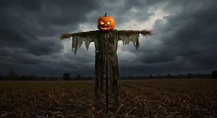 Spooky Cartoon Scarecrow with Glowing Pumpkin Head Standing in a Dark Cornfield at Night, Perfect for Halloween Decorations and Autumn Celebrations