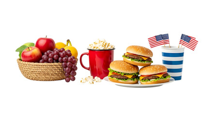 Festive labor day picnic with burgers fruit and american flags isolated on transparent background