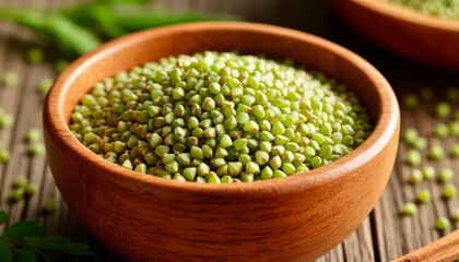 Organic green buckwheat kernels resting in rustic wooden bowl, highlighting nutritional whole grain benefits for wellness