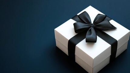 Elegant Presentation of a White Gift Box with a Luxurious Black Ribbon, Perfect for Special Occasions and Celebrations, Offering a Sense of Sophistication and Anticipation