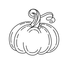 Monoline black and white round pumpkin. Hand-drawn autumn squash vector illustration for seasonal decor and kid's coloring pages