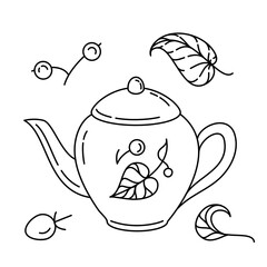 Teapot with berries and leaf. Hand-drawn autumn monoline vector object for coloring