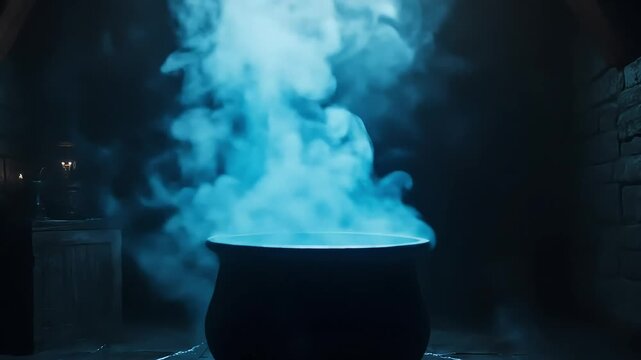 Mysterious cauldron emitting blue smoke in a dimly lit stone chamber