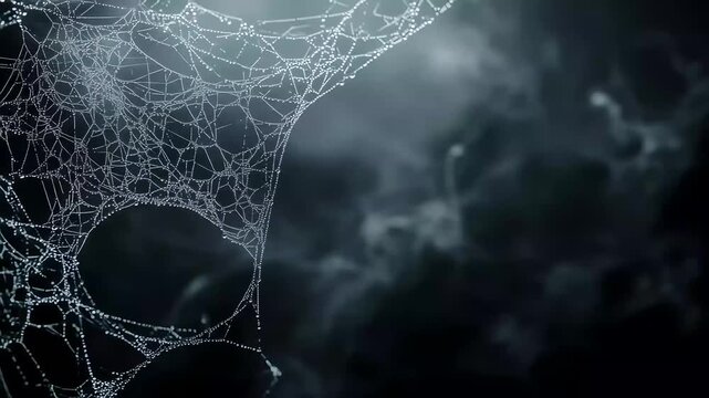 Intricate spider web glistening in the dark with soft lighting