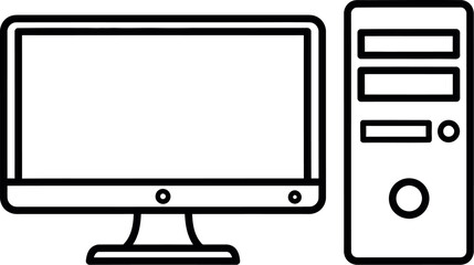 A computer setup with a monitor and a tower outlined in black on a white background illustration style