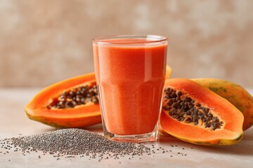 Papaya smoothie in glass with slices and chia seeds