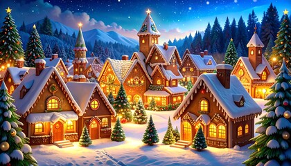 Charming winter village illustration with gingerbread houses and christmas trees