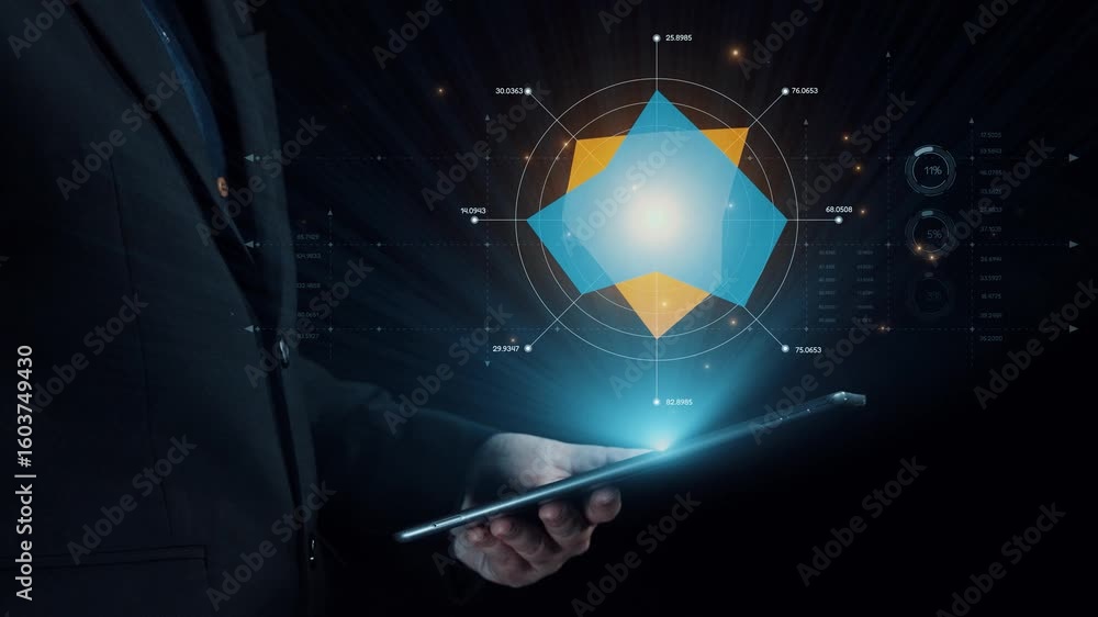 Poster A business professional holds a tablet displaying futuristic data visualizations in a dark environment, symbolizing innovation and advanced analytics in finance and technology. Qubit