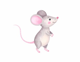 watercolor baby mouse character cheerfully smiling. Hand painted watercolour graphic drawing on white background