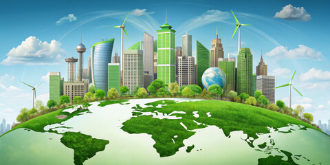 Green cityscape with renewable energy sources and eco-friendly architecture surrounded by nature