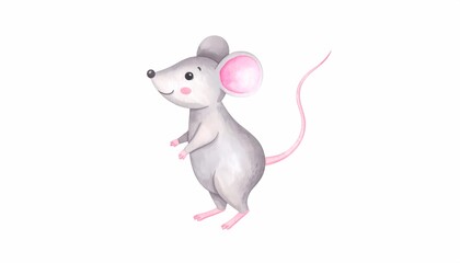 watercolor baby mouse character cheerfully smiling. Hand painted watercolour graphic drawing on white background