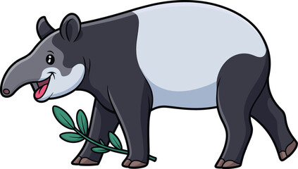 Cute cartoon tapir animal walking with smile and holding green leaves perfect for kids book illustration or wildlife themed design