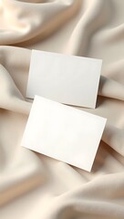 Two or more business cards, with front and back facing, arranged neatly on textured fabric or linen, highlighting texture contrast and elegant layout.


