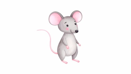 watercolor baby mouse character cheerfully smiling. Hand painted watercolour graphic drawing on white background