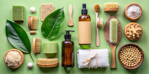 Natural skincare display with various wellness products on a green background featuring brushes, oils, and spa essentials