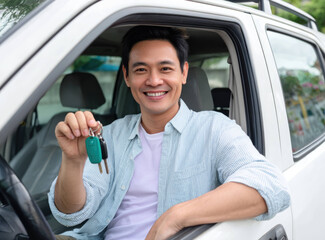 Smiling man sitting in car holding keys happily showing ownership and excitement
