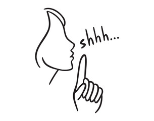 finger in mouth gesture symbol for silence doodle hand drawn icon. Outline drawing finger in mouth gesture line clipart symbol