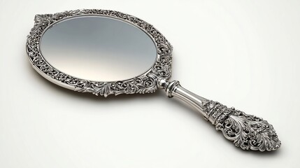 An ornate silver hand mirror with an oval reflective surface, elaborate rococo-style frame and handle, showcasing detailed floral and scrollwork