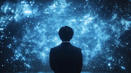 Businessman analyzing digital sales data and strategy growth with modern interface and global network connectivity.