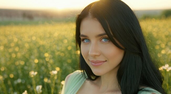 Cinematic Portrait of Dark‑Haired Woman with Blue Eyes against Blurred Floral Field