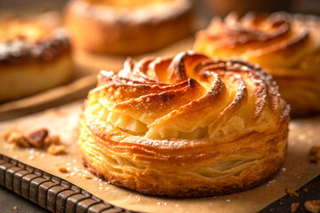 Flaky golden pastry in warm soft light with crisp texture and fine details