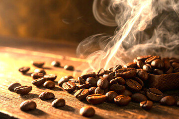 Close-up of coffee beans on wood with warm steam and cinematic light