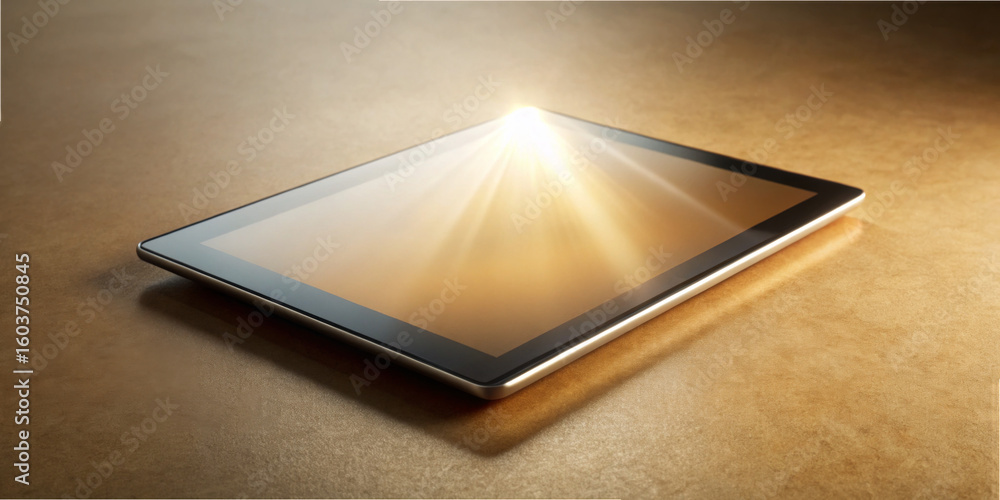 Aufkleber tablet resting on a surface with reflected light during a bright setting