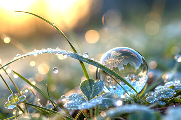 Crystal clear water droplet with soft bokeh in blue and gold tones